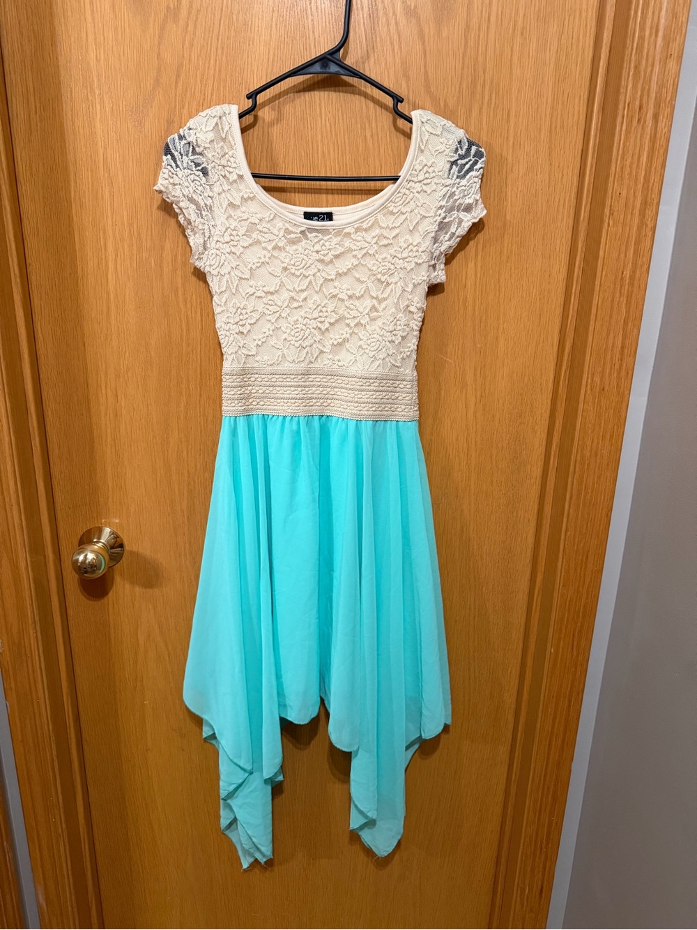 Rue21 Cream Lace Top with Aqua Handkerchief Hem Dress